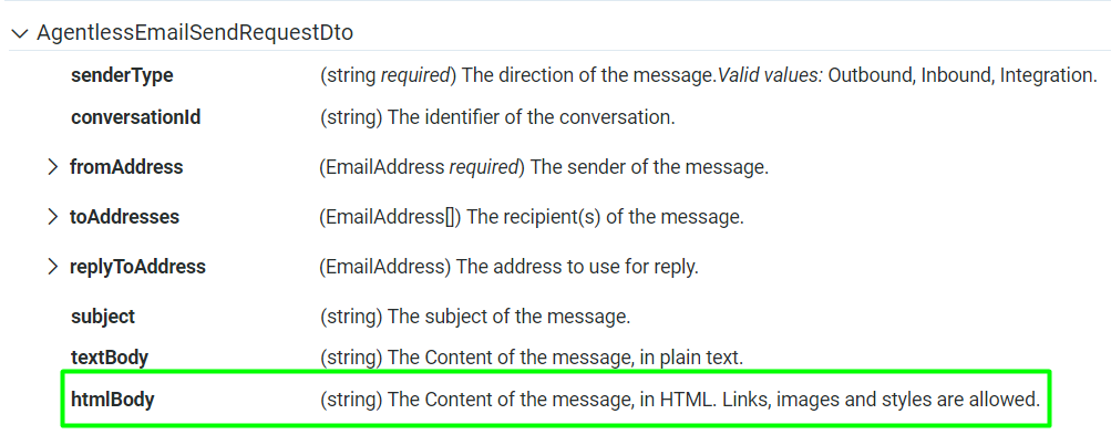 How to format the htmlBody on Agentless Email - Platform API - Genesys ...